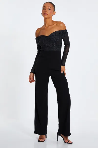 Quiz Women's Glitter Mesh Bardot Scuba Crepe Palazzo Jumpsuit
