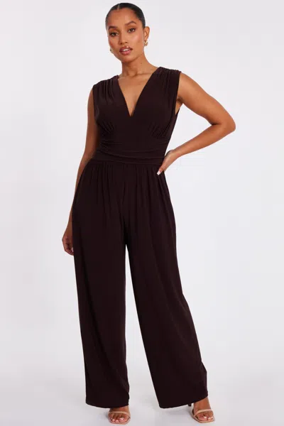 Quiz Ity V-neck Ruched Detail Jumpsuit In Brown