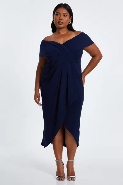 Quiz Women's Plus Size Bardot Pleated Detail Midi Dress In Blue