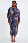 Quiz Women's Plus Size Mesh Marble Round Neck Long Sleeve Maxi Dress In Blue