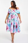 Quiz Plus Size Scuba Floral Bardot Skater Midi Dress In Blue