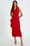 Quiz Scuba Crepe Wrap Frill Midi Dress In Red