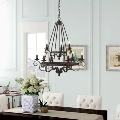 Quoizel Noble 9 - Light Candle Style Wagon Wheel Chandelier With Wood Accents In Rustic Black