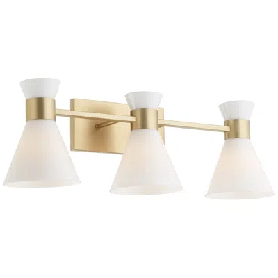 Quorum International Beldar 3lt Aged Brass W Glass Opal Vanity Light In Neutral