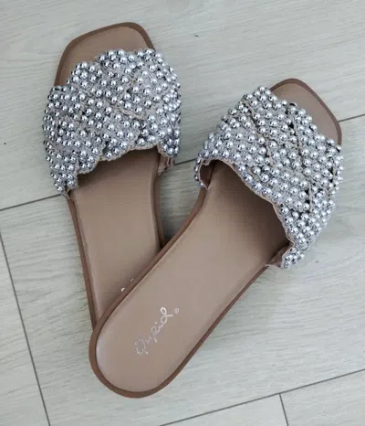 Qupid Rhinestone Slides In Nude/silver Knit In Gray