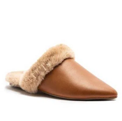 Qupid Women's Eskimo Flates Pleather Fur Lined Mules In Tan In Brown