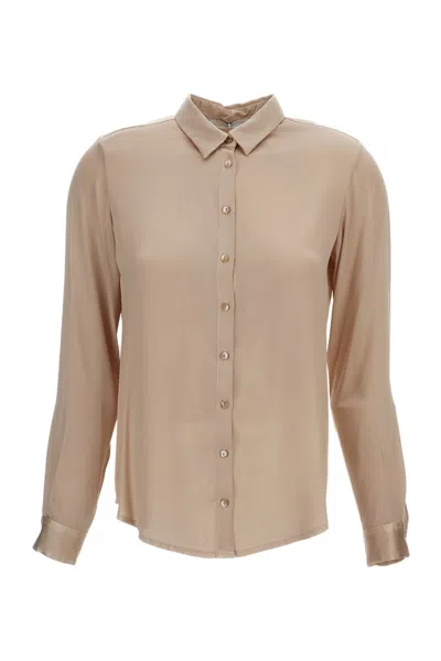 Q-wins Button-down Beige Blouse With Classic Collar And Pleat Detail In Neutral
