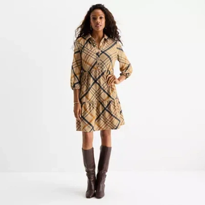 R&k Originals Womens 3/4 Sleeve Plaid Babydoll Dress In Brown