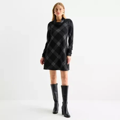 R&k Originals Womens Long Sleeve Plaid Shift Dress In Black