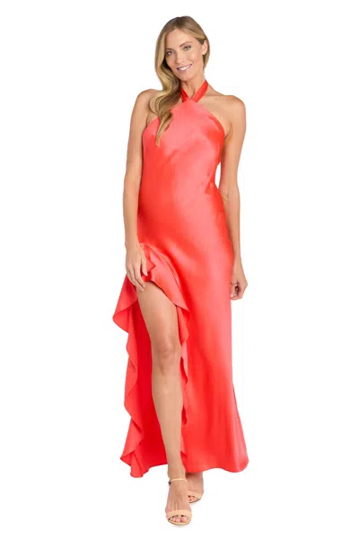 R & M Richards 10220 Fitted Long Formal Ruffle Slit Evening Dress In Orange