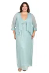 R & M Richards 1695w Long Formal Plus Size Cape Metallic Dress In Green