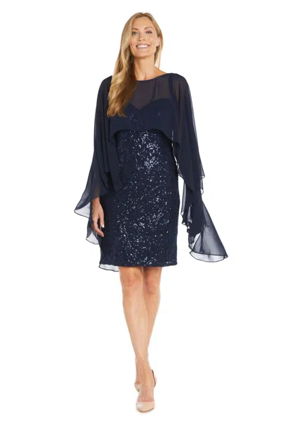R & M Richards 1829 Short Sequin Cape Cocktail Dress In Blue