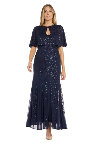 R & M Richards 1848 Sequin Long Formal Beaded Jacket Dress In Blue