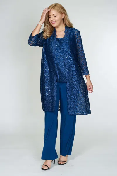 R & M Richards 1993p Metallic Lace Petite Pant Suit In Blue