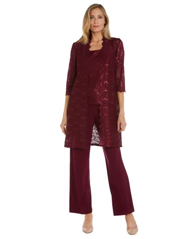 R & M Richards 3-pc. Sequined Lace Pantsuit & Jacket In Merlot