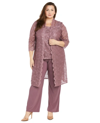 R & M Richards 3-pc. Plus Size Sequined Lace Pantsuit & Shell In Dark Rose
