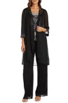 R & M Richards 3-piece Beaded Neck Duster Pants Set In Black Silver In Black