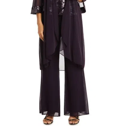 R & M Richards 3-piece Beaded Neck Duster Pants Set In Eggplant In Beige