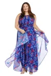 R & M Richards 3048w Long Floral Printed Formal Plus Size Dress In Blue
