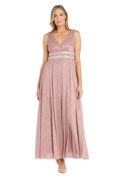 R & M Richards 3138 Long Formal Pleated Metallic Evening Dress In Pink
