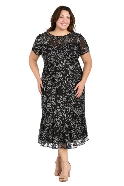 R & M Richards 3188w Short Plus Size Floral Midi Cocktail Dress In Black