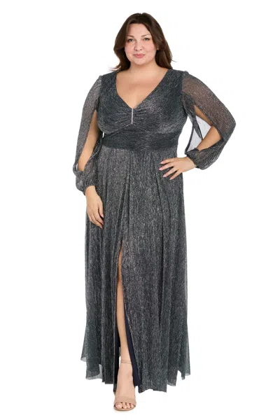 R & M Richards 3228w Plus Size Long Sleeve Metallic Formal Dress In Gray