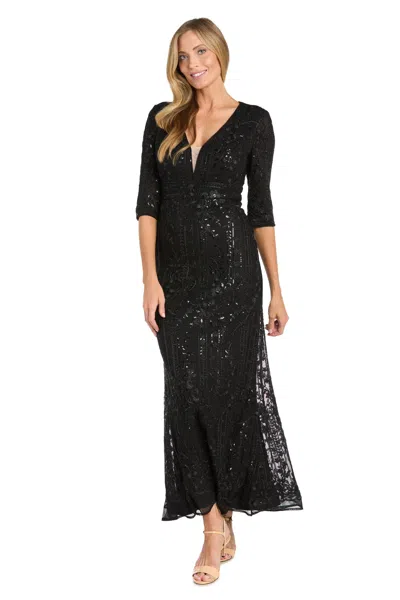 R & M Richards 3273 Long Metallic Floral Formal Dress In Black