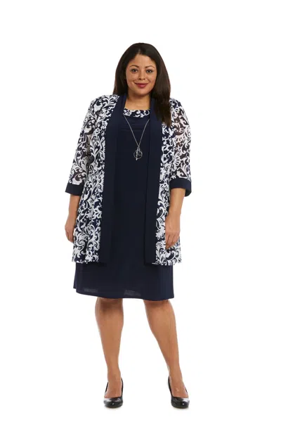 R & M Richards 3293w Short Printed Jacket Plus Size Dress In Blue