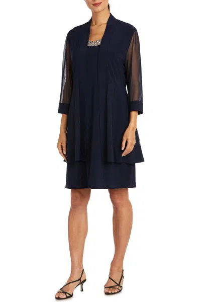 R & M Richards 3/4 Sleeve Embellished Jacket & Dress Set In Navy In Blue
