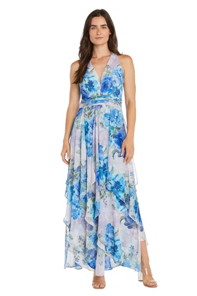 R & M Richards 3422 Long Formal Floral Print Tiered Dress In Blue