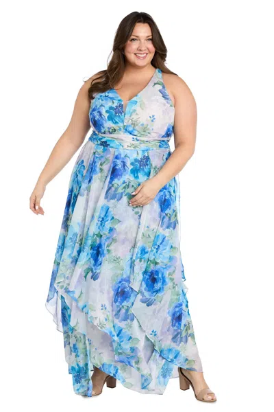 R & M Richards 3422w Long Plus Size Floral Print Formal Dress In Blue