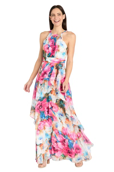 R & M Richards 3428 Long Ruffle Floral A Line Formal Dress In Multi