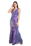 R & M Richards 3455 Long Fitted Formal Sequin Prom Dress In Purple
