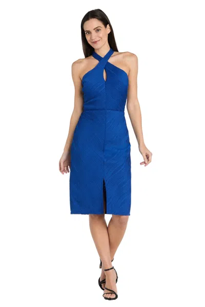 R & M Richards 3484 Short Fitted Slit Midi Length Cocktail Dress In Blue