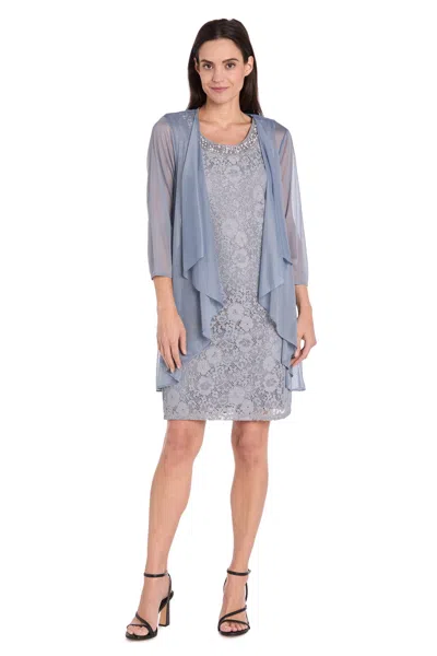 R & M Richards 3594 Short Mother Of The Bride Lace Jacket Dress In Blue