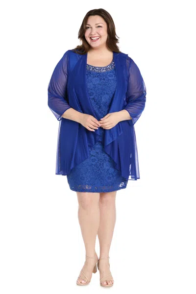 R & M Richards 3594w Plus Size Short Mother Of The Bride Lace Dress In Blue