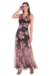 R & M Richards 3596 Long Formal Metallic Ombre Floral Dress In Brown