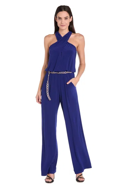 R & M Richards 3598 Long Formal Belt Jumpsuit In Blue
