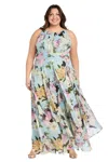 R & M Richards 3628w Plus Size Printed High Low Formal Dress In Blue