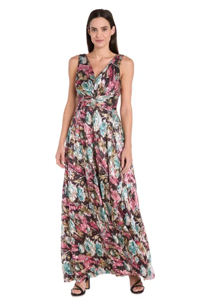 R & M Richards 3690 Floral Long Metallic Formal Evening Dress