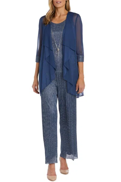 R & M Richards 3-piece Jacket Tank Pants Evening Set In Denim In Blue