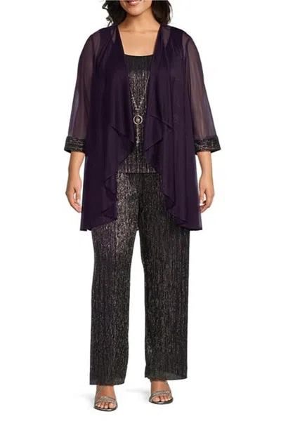 R & M Richards 3-piece Metallic Evening Pants Set In Plum In Black