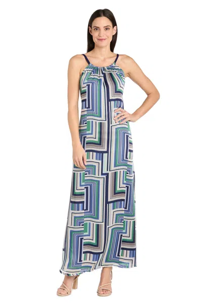 R & M Richards 4041 Long Printed Formal Maxi Dress In Blue