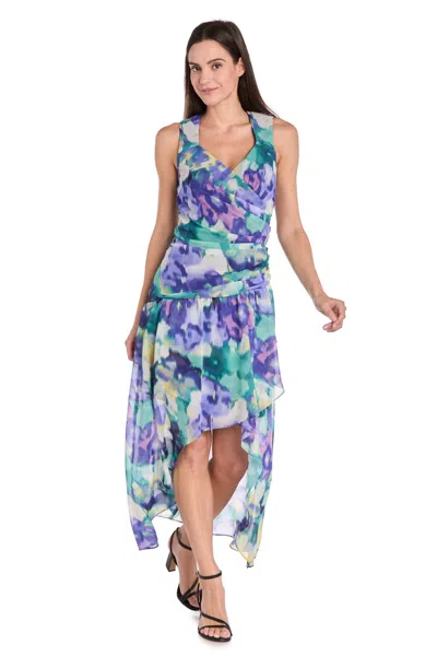 R & M Richards 4050 Printed High Low Pleated Cocktail Dress In Multi