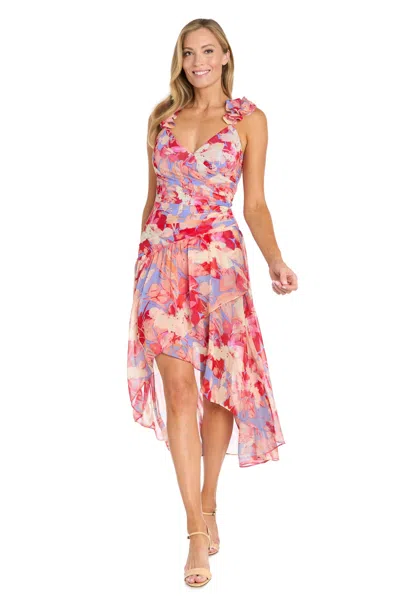 R & M Richards 4053 Pleated High Low Printed Cocktail Dress In Purple