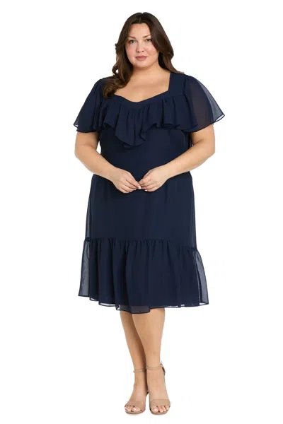 R & M Richards 4054w Short Floral Midi Cocktail Plus Size Dress In Blue