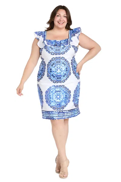 R & M Richards 4134w Plus Size Short Printed Ruffle Dress In Multi
