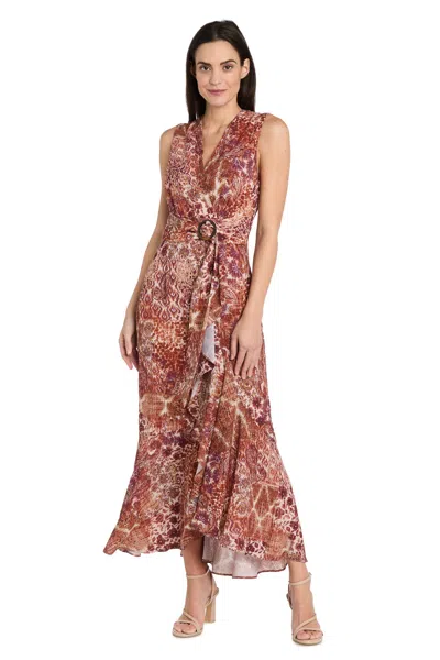 R & M Richards 4143 Long Formal Printed A Line Maxi Dress In Brown