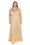 R & M Richards 6624w Long Formal Pleated Metallic Plus Size Dress In Gold