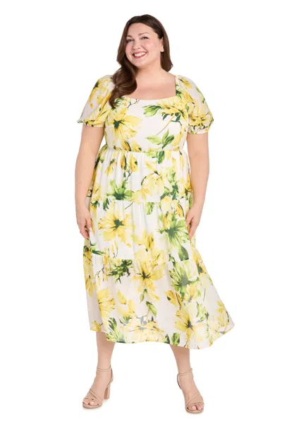 R & M Richards 6672w Plus Size Printed Cocktail Midi Length Dress In Green